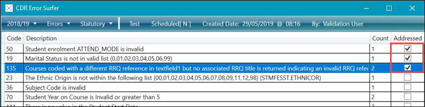 Addressed check boxes in the CDR Error Surfer window